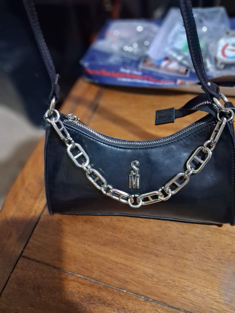 Steve Madden Black Shoulder Bag with Silver Chain Accent